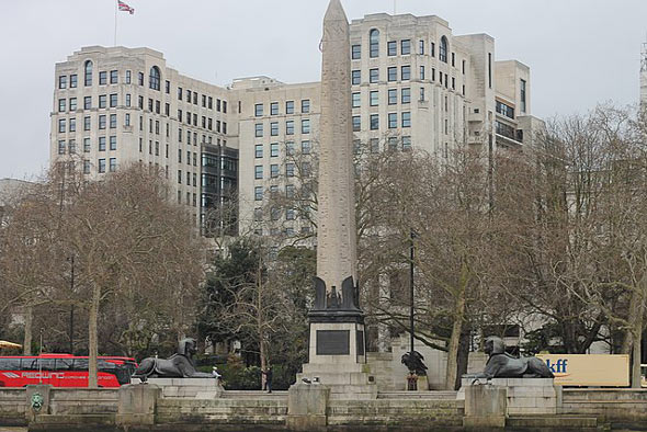 Two Victorian sphinxes flank Cleopatra's Needle on the Embankment, London