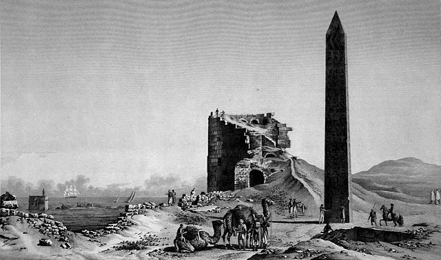 Sketch showing Cleopatra's Needles in the Caesarium. The New York Cleopatra's Needle is upright while the London obelisk is mostly buried