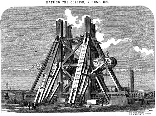 Illustration from the journal 'Engineering', showing the London Cleopatra's Needle being hoisted into place on the Embankment