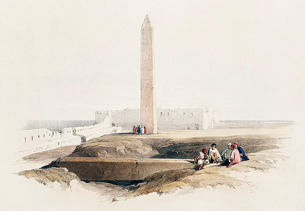 1830s lithograph showing the partially buried London Cleopatra's Needle. The New York City Cleopatra's Needle stands upright in the background.