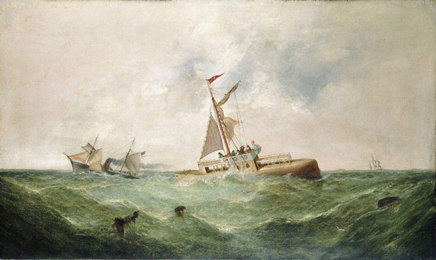 1870 painting entitled Cleopatra's Needle Being Brought to England, by George Knight. The Olga and Cleopatra are depicted in rough seas.