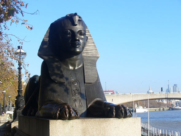 One of the large Victorian Sphinxes that flank Cleopatra's Needle, London